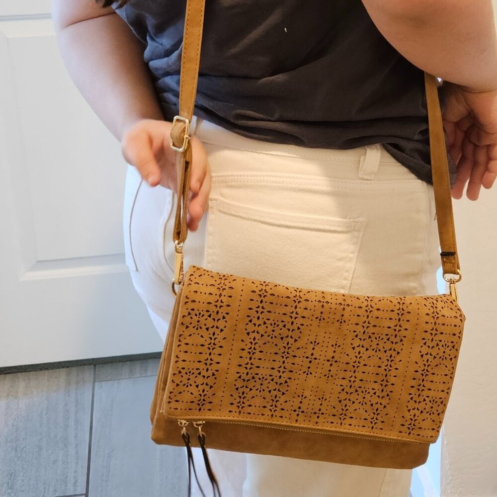 NYC Tan Crossbody Purse, clutch bag, Mosaic cut